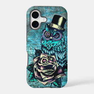 Colourful textured owl illustration on teal base.