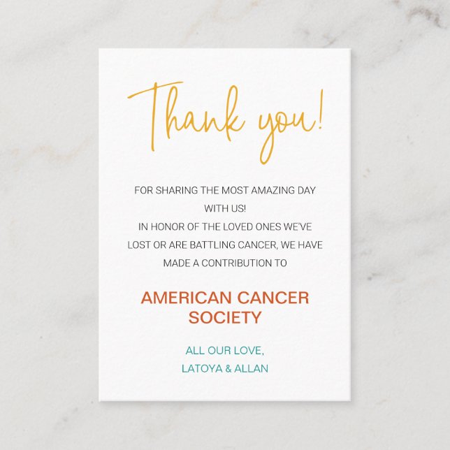 Colourful Thank You Donation To Charity Wedding Place Card (Front)