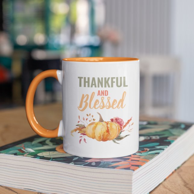 Colourful Thankful And Blessed With Pumpkin Gift Two-Tone Coffee Mug (Creator Uploaded)