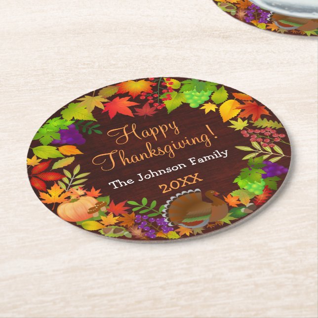 Colourful Thanksgiving Harvest Round Paper Coaster (Angled)