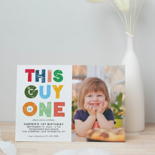 Colourful This Guy is One Boy Photo 1st Birthday Invitation