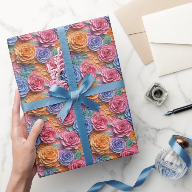 Colourful three dee floral tiled pattern  wrapping paper (Gifting)