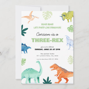 Colourful Three-Rex Dinosaur Birthday Invitation