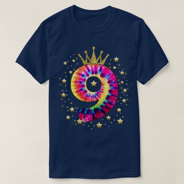 Colourful Tie Dye 9 Year Old Girls 9th Birthday T-Shirt (Design Front)