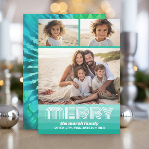Colourful Tie Dye Blue Green - 3 Photo Collage Holiday Card