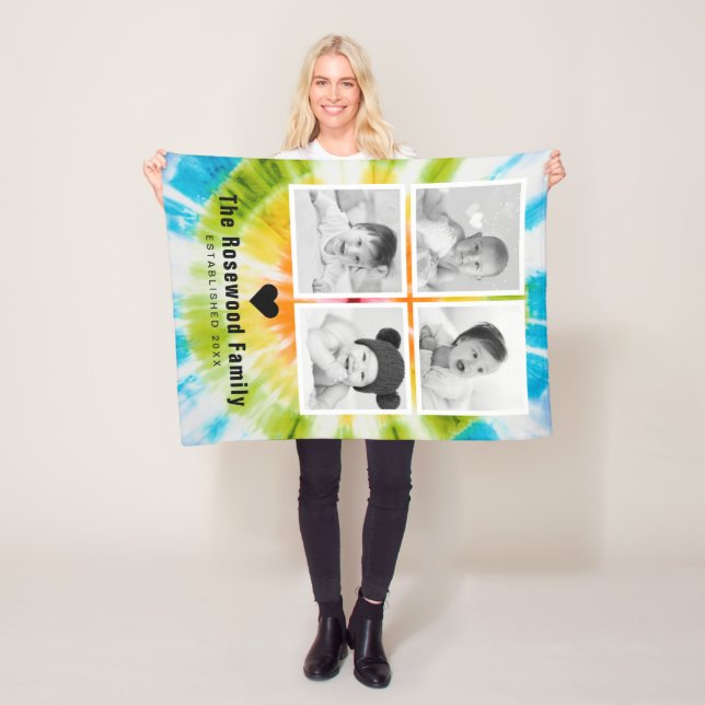 Colourful Tie Dye Family Photo Collage Personalise Fleece Blanket (In Situ)