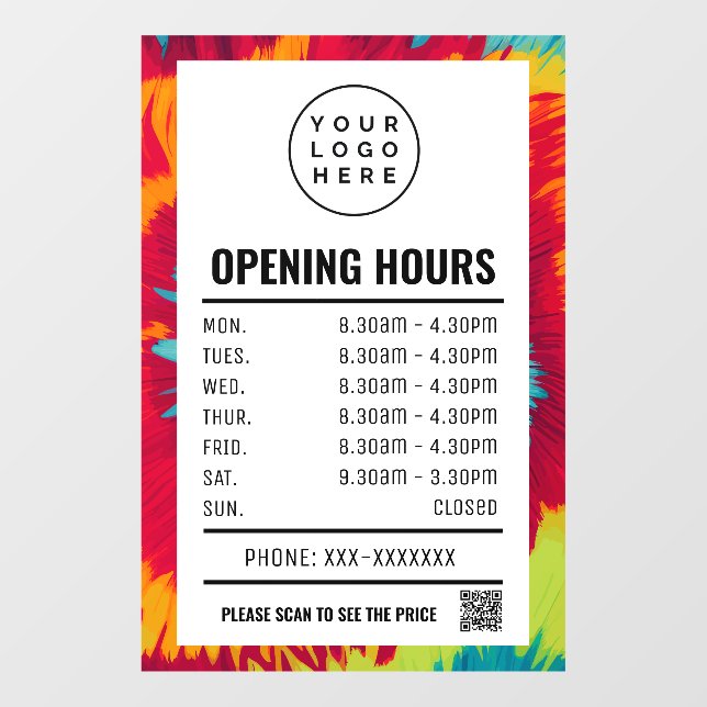 Colourful Tie Dye Opening Times With Qr Code (Sheet)