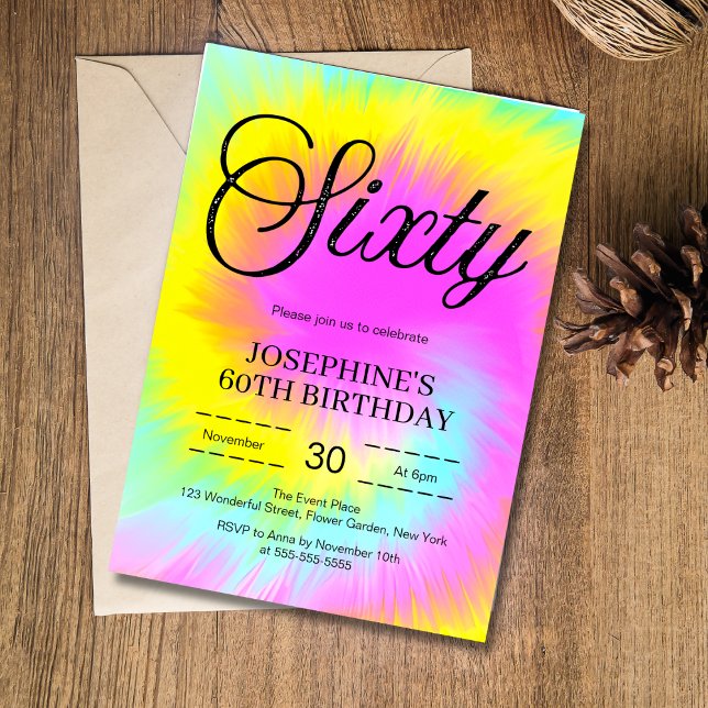 Colourful Tie Dye Pastel Boho 60th Birthday Invitation (Creator Uploaded)