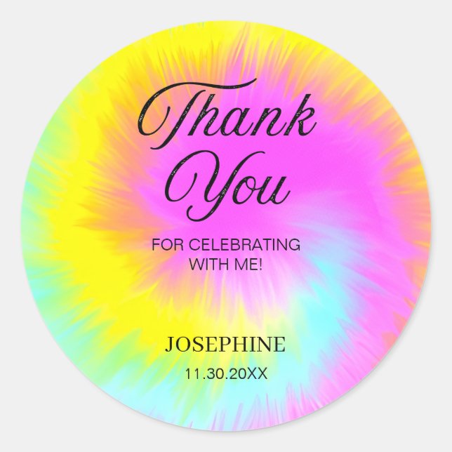 Colourful Tie Dye Pastel Rainbow Birthday Thank Yo Classic Round Sticker (Front)