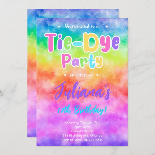 Colourful Tiedye Birthday Party Invitation (Front/Back)