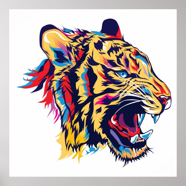 Colourful tiger head roaring illustration poster (Front)