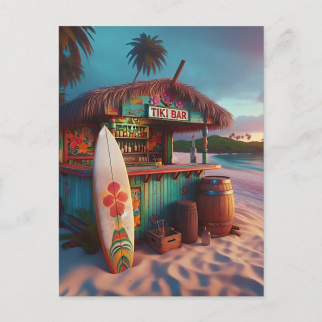 Colourful Tiki Bar and Surfboard on the Beach Postcard (Front)