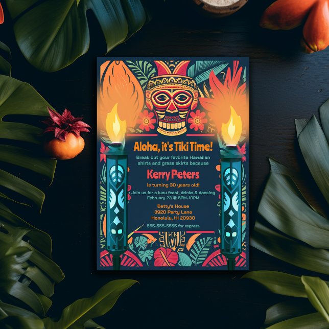 Colourful Tiki Luau Skull Backyard Birthday Party Invitation (Tiki Luau Birthday Party Invitation)
