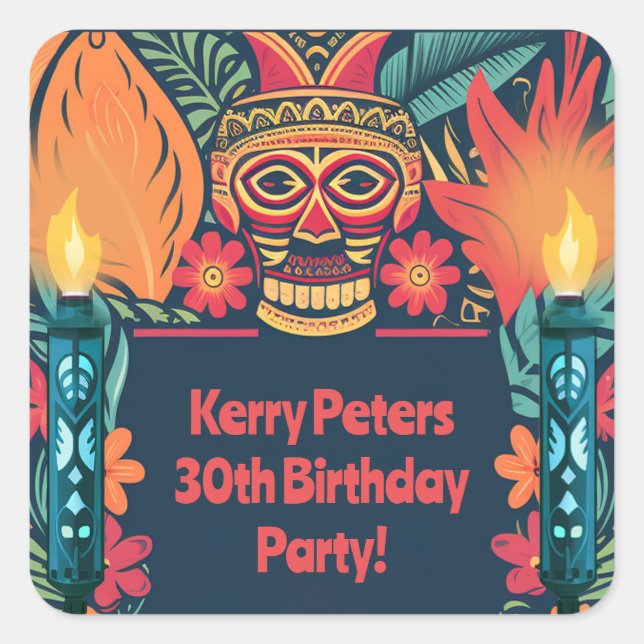 Colourful Tiki Luau Skull Backyard Birthday Party Square Sticker (Front)