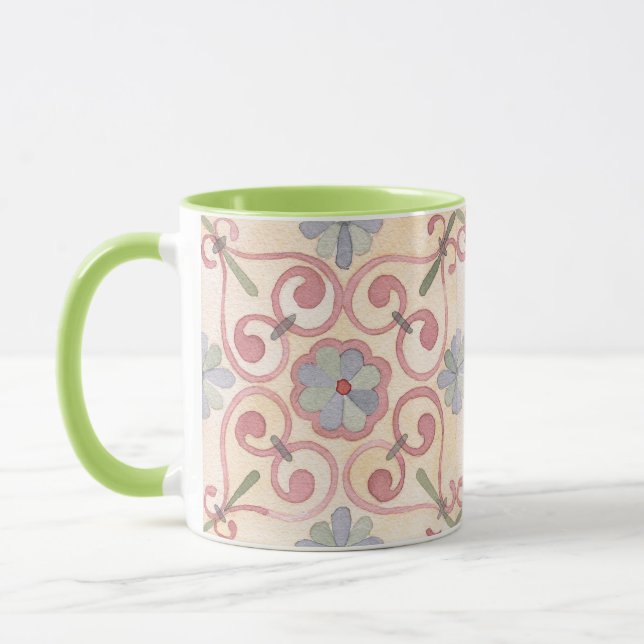 Colourful tile pattern Classic floral pink green Mug (Left)