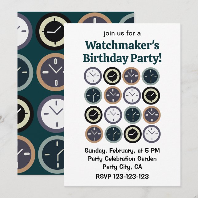 Colourful Time Clock Pattern Watchmaker Birthday Invitation (Front/Back)