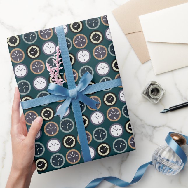 Colourful Time Clock Pattern Watchmaker Birthday Wrapping Paper (Gifting)