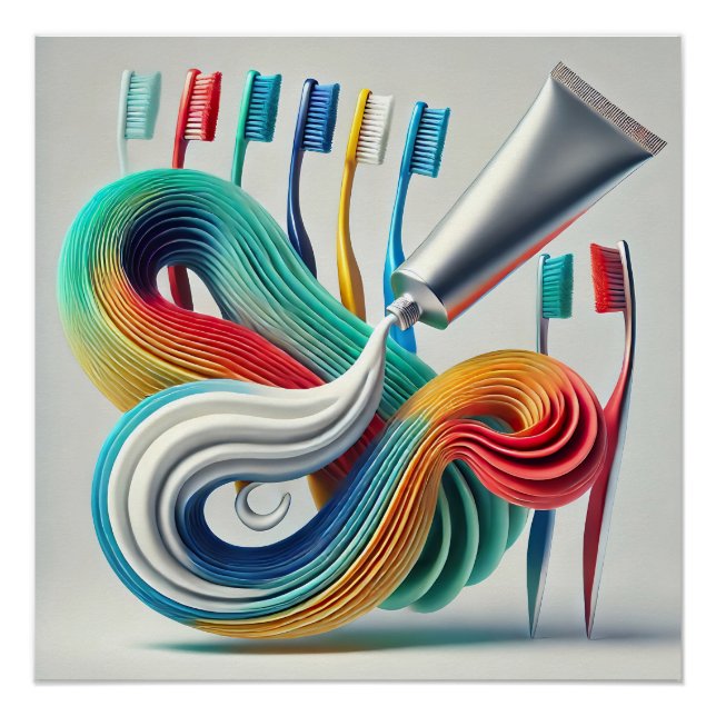 Colourful Toothpaste & Toothbrush Abstract Art Poster (Front)