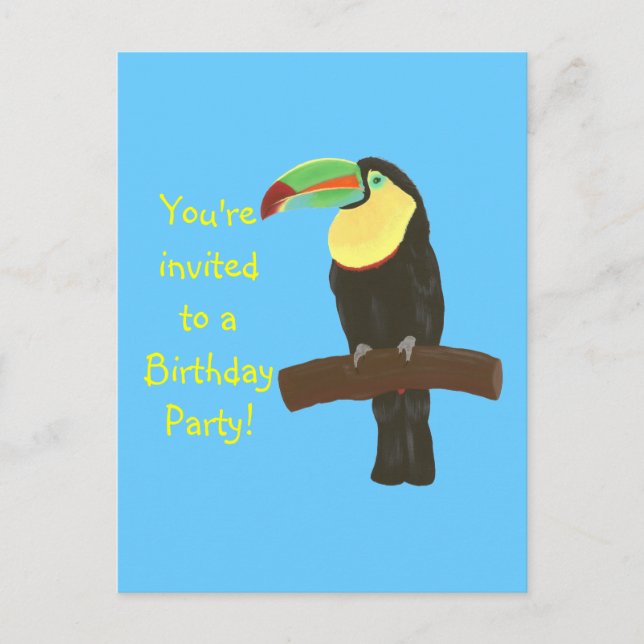 Colourful Toucan Birthday Invitations on postcards (Front)