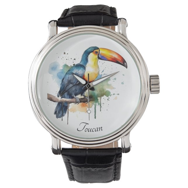 colourful toucan sitting on a  branch, customisabl watch (Front)