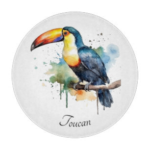 colourful toucan sitting on a  branch cutting board
