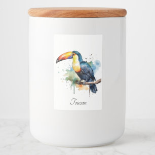 colourful toucan sitting on a branch food label