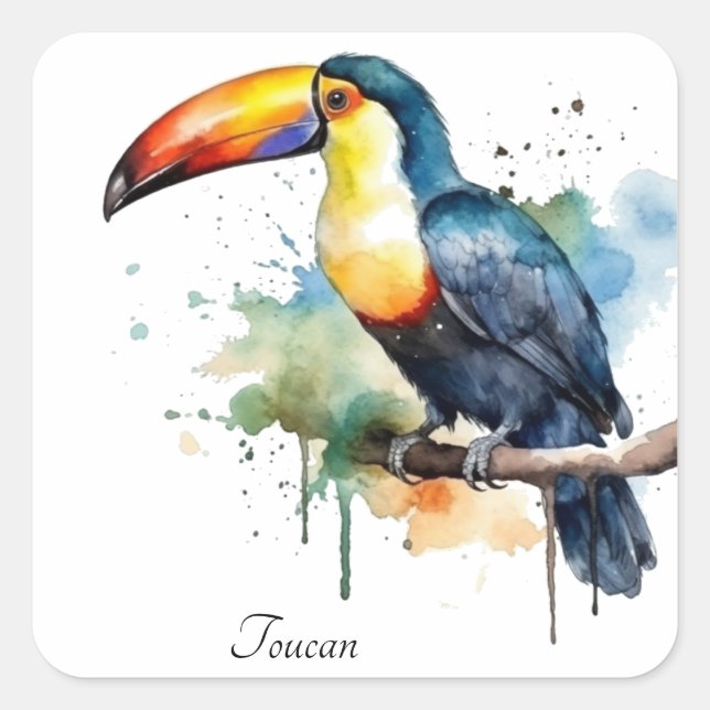 colourful toucan sitting on a  branch square sticker (Front)