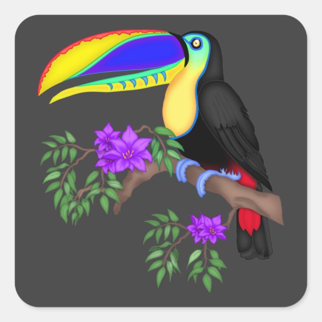 Colourful Toucan With Flowers Square Sticker (Front)