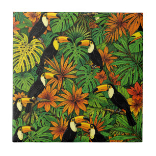 Colourful Toucans Tropical Jungle Leaves Hibiscus  Ceramic Tile