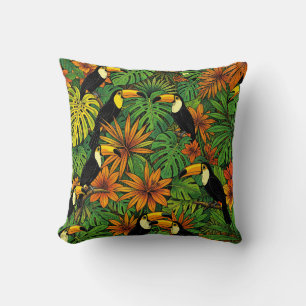 Colourful Toucans Tropical Jungle Leaves Hibiscus Cushion