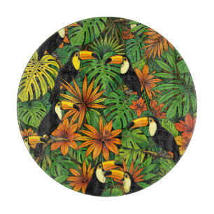 Colourful Toucans Tropical Jungle Leaves Hibiscus  Cutting Board