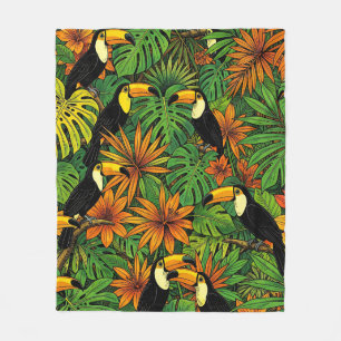 Colourful Toucans Tropical Jungle Leaves Hibiscus  Fleece Blanket