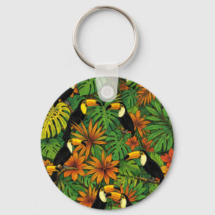 Colourful Toucans Tropical Jungle Leaves Hibiscus  Key Ring