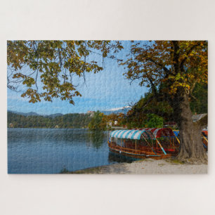 Colourful tourist boats in Lake Bled in fall Jigsaw Puzzle