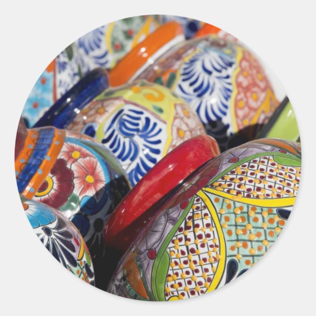 Colourful traditional hand-painted Mexican pottery Classic Round Sticker (Front)