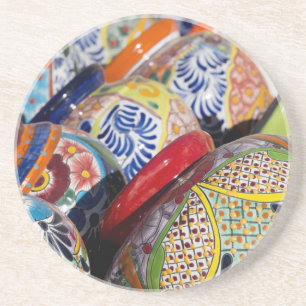 Colourful traditional hand-painted Mexican pottery Coaster