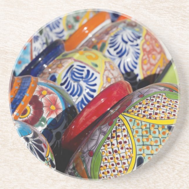 Colourful traditional hand-painted Mexican pottery Coaster (Front)