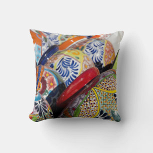 Colourful traditional hand-painted Mexican pottery Cushion