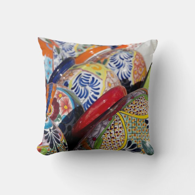 Colourful traditional hand-painted Mexican pottery Cushion (Front)