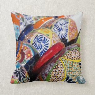 Colourful traditional hand-painted Mexican pottery Cushion