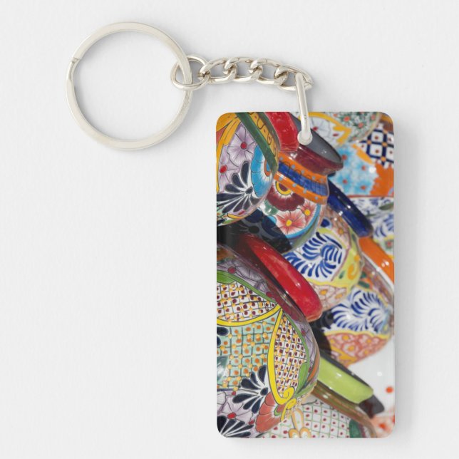 Colourful traditional hand-painted Mexican pottery Key Ring (Front)