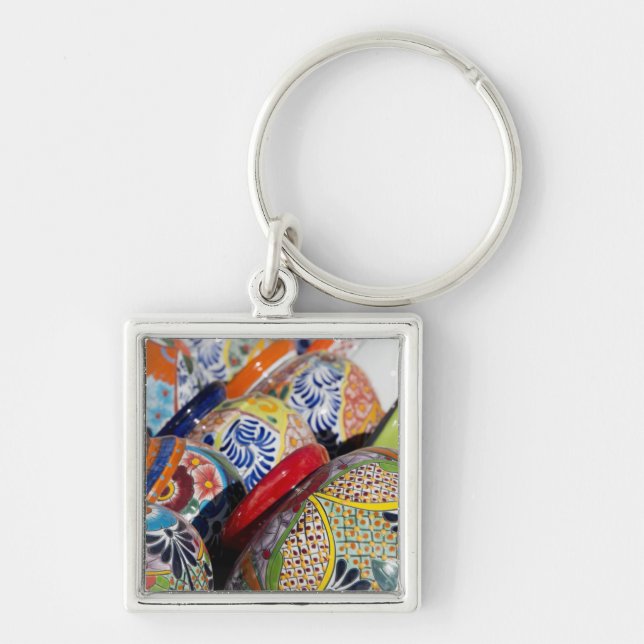 Colourful traditional hand-painted Mexican pottery Key Ring (Front)