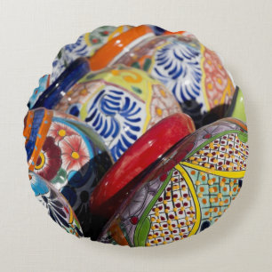 Colourful traditional hand-painted Mexican pottery Round Cushion
