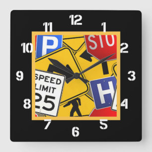 Colourful Traffic Signs Square Wall Clock