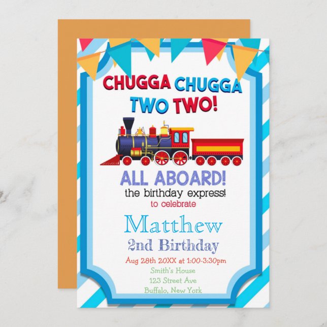 Colourful Train 2nd Birthday Party Invitations  (Front/Back)