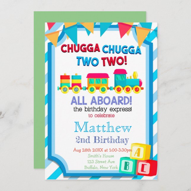 Colourful Train 2nd Birthday Party Invitations  (Front/Back)