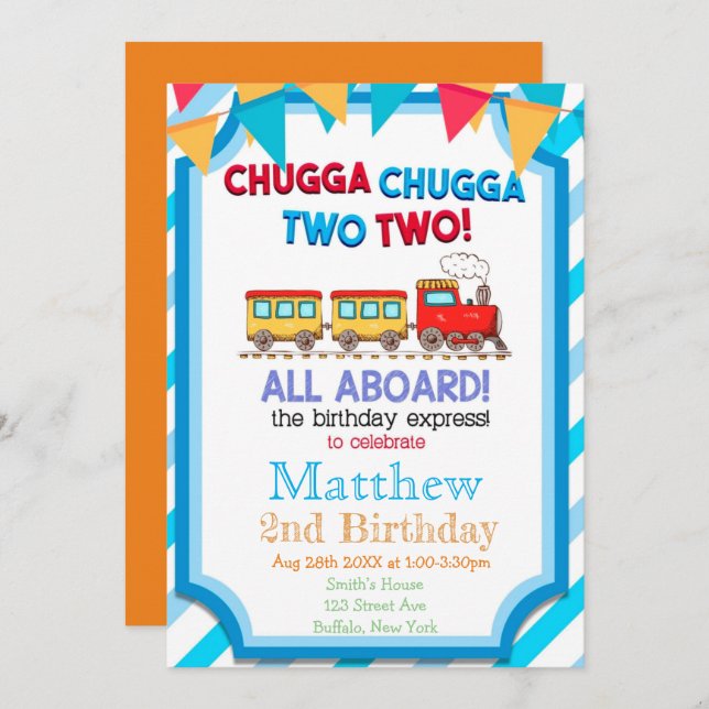 Colourful Train 2nd Birthday Party Invitations  (Front/Back)