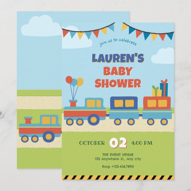 Colourful train baby shower invitation (Front/Back)