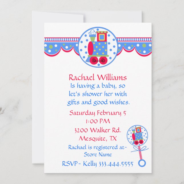 Colourful Train Engine Baby Boy Shower Invitation (Front)