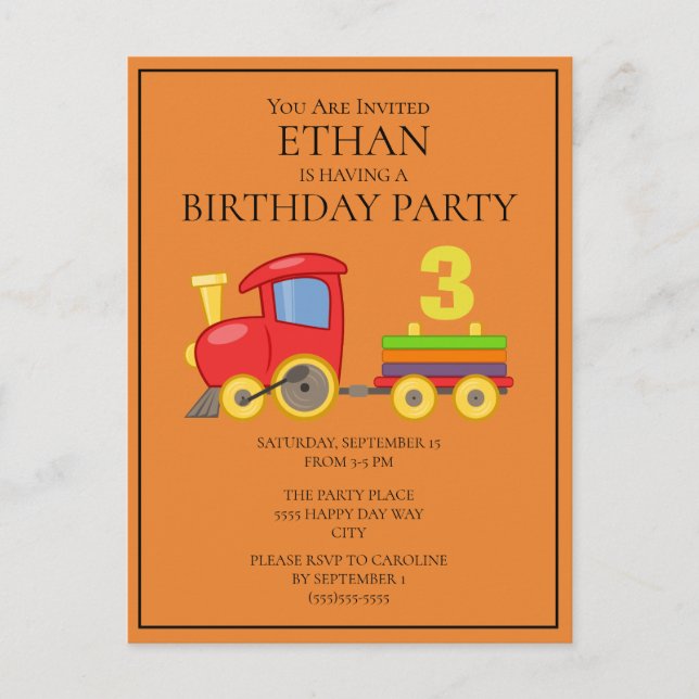 Colourful Train on Orange Child's 3rd Birthday Postcard (Front)
